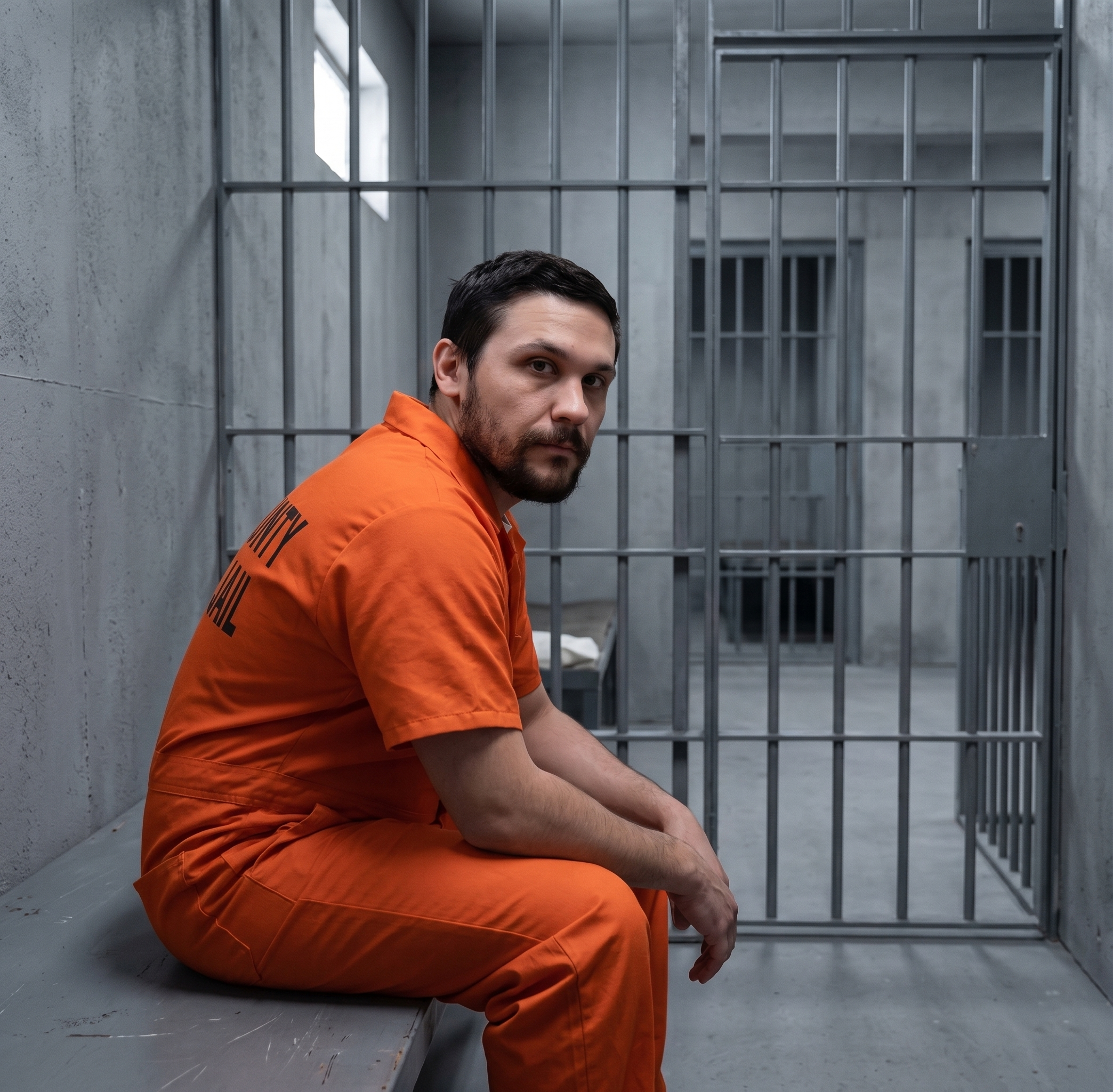 A man in an orange prison uniform sitting inside a grey jail cell.